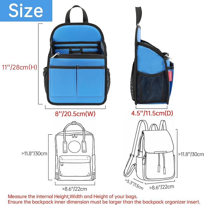 Mini Premium Rugged Backpack Purse Organizer Insert for Women Fashion Small Backpack-19 Pockets,Padded Water-repellent Nylon-Blue - Image 4