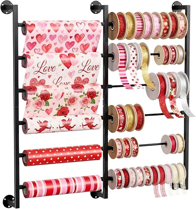 Double 6-Tier Ribbon Storage Organizer, Wall Mounted Ribbon Organizer | 12 Removable Rods, Large Capacity Gift Bag Ribbon Holder for Craft Room, Flower Shop, DIY Supplies, Wrapping Paper- Metal by Ofiray-home