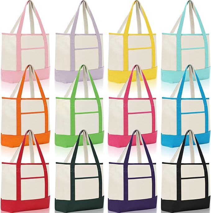 Sanwuta Canvas Tote Bags Bulk with Outer Pockets,Bright Color,12 Pack | Reusable Cotton Grocery Bags, Perfect for Teachers, Party Giveaways, DIY Crafts, Wedding Favors, Business Gifts by Sanwuta