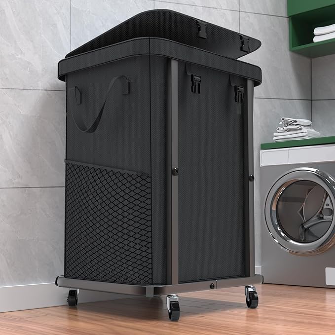 Laundry Basket with Lid,150L Rolling Laundry Hamper with Wheels Black | Dirty Clothes Hamper with Metal Frame and Removable Bag Design,Large Rolling Hampers for Laundry Room, Bedroom,Dorm by Unlockyourhomestoragelife