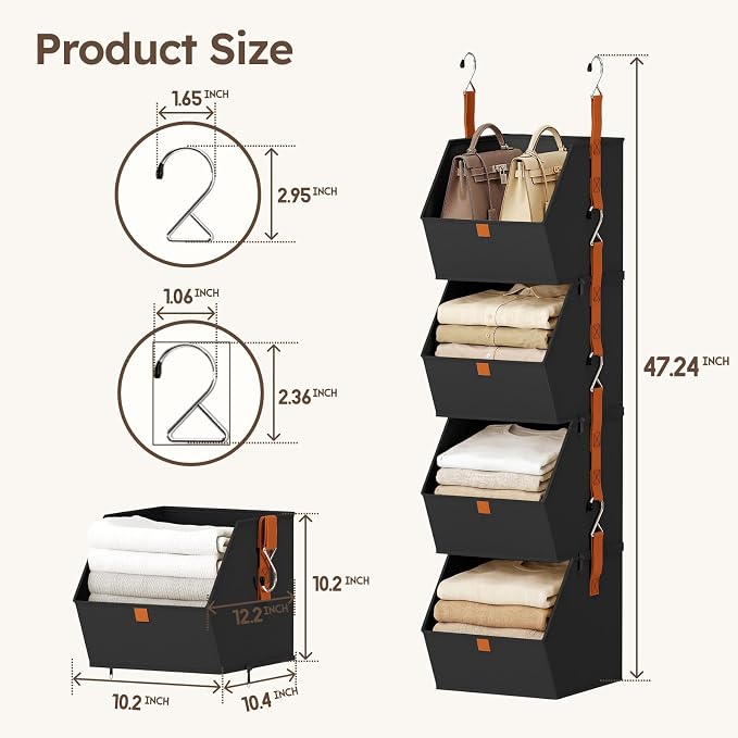 Hanging Closet Organizer 4 Tier - Clothes Hanging Shelves, Space-Saving Closet System, Fabric Storage Bins Bedroom Organization, Collapsible Baskets for Home, Dorm, Rv, Black, 8 Pack - Image 6