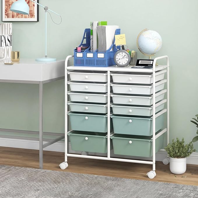 Giantex 12 Drawers Rolling Storage Cart, Classroom Organizers with Wheels for Tools Scrapbook Craft Paper Teacher Office School Supplies, Green Gradient - Image 2