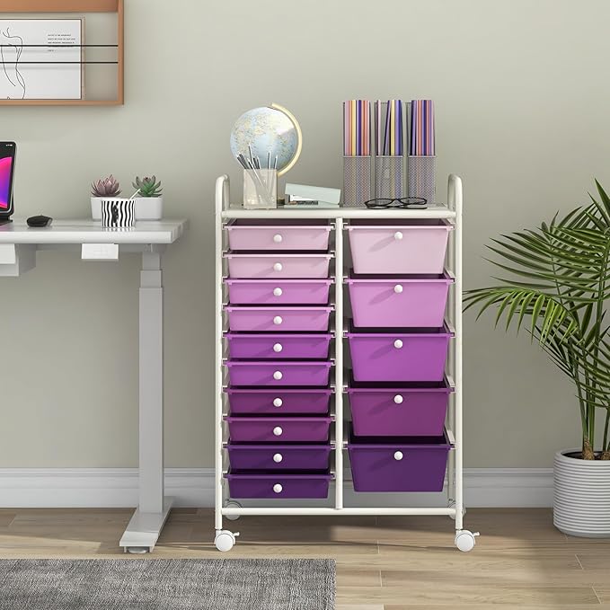 RELAX4LIFE 15 Drawer Rolling Storage Cart - Mobile Craft Art Supply Storage Organizer for Tool Scrapbook Paper Salon, Office School Classroom Teacher Rolling Cart with Drawers, Utility Cart on Wheels - Image 2