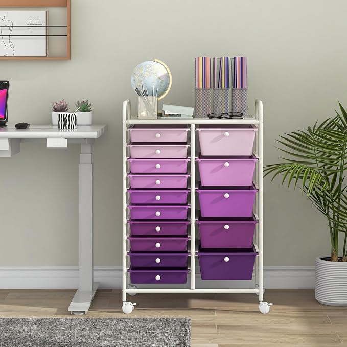Giantex 15 Drawers Rolling Cart, Classroom Organizers, Storage Cart with Wheels, for Teacher Office Home School Supplies Tool Craft Art Paper, Purple Gradient - Image 2