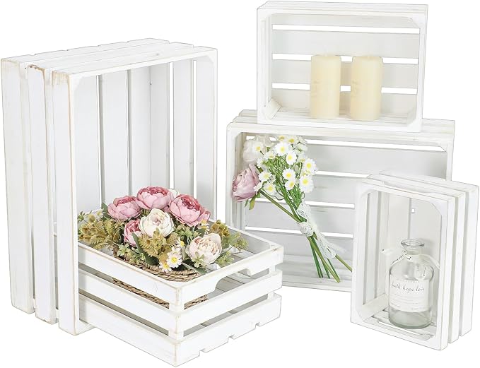 Large Wooden Crates, Set of 5 Wood Crates with Handles, Rustic Whitewashed Farmhouse Wooden Crate for Display, Wedding Birthday Home Party Living Room Kitchen Decoration - Image 7