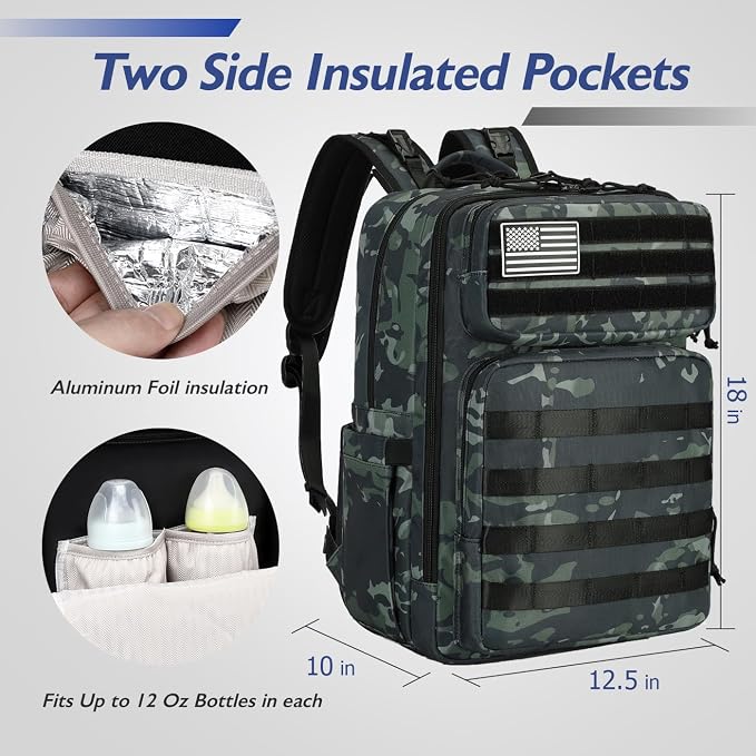 Large Dad Diaper Bag Backpack, Tactical Style, Camouflage | Stroller Clips, Luggage Sleeve for Travel, Insulated Pockets - Image 3
