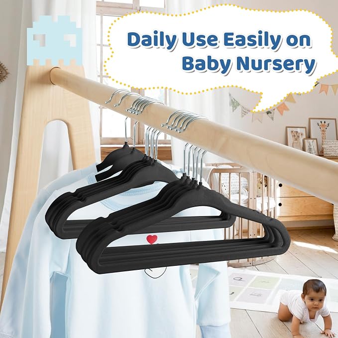 Premium 11 Inch Baby Hangers 50 Pack, Kids Velvet Hanger, Non Slip | Black Space Saving Felt Hangers Clothes Organizers for Closet with 360° Swivel Hook for Children, Infant & Toddler - Image 8