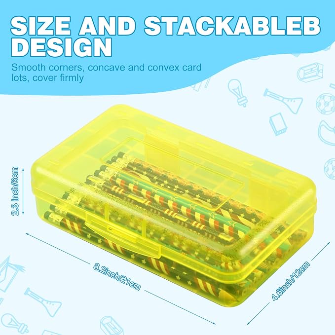 Fainne 24 Pack Clear Plastic Pencil Box,Pink, Yellow, Blue | Stackable Organizer for School Supplies, Large Case for Crayons Markers, Snap-lid Keeps Stationery Secure, Bulk Set - Image 2