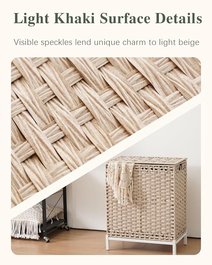 SETVSON Laundry Hamper with Lid, Wicker Laundry Basket, 112 L, Light Khaki | Handwoven PE Rattan, 2 Removable Liner Bags, Metal Heightened Feet, 6 Mesh Bags, Clothes Hamper for Bathroom Bedroom - Image 7