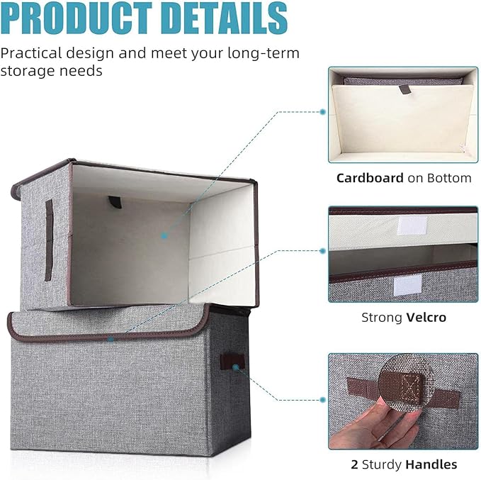 Fabric Storage Bin with Lids 14.6 x 9.5 x 9.5” [4 pack]+ Linen Storage Basket 17 x 12 x 15”[3 pack] (White&Grey) - Image 2