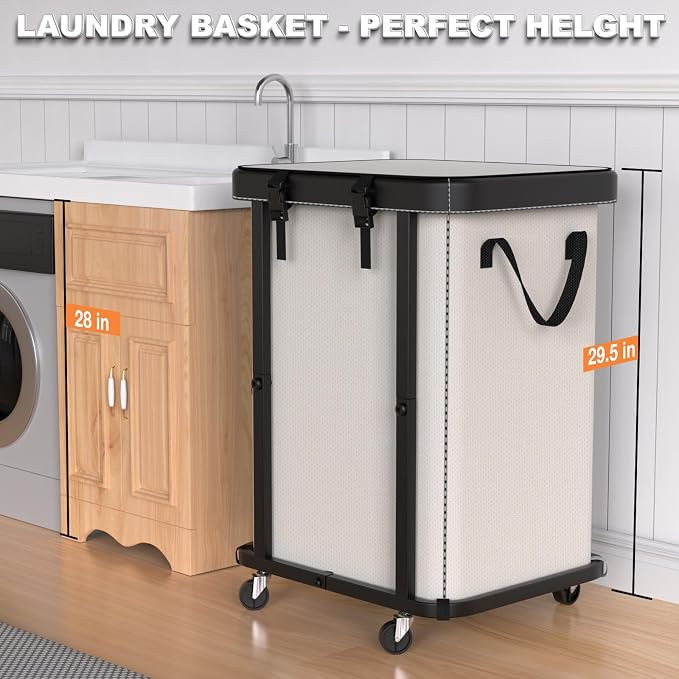 Laundry Basket with Wheels,150L Leather Patchwork Rolling Hamper Carts | Sturdy Metal Frame, Removable Washable Bag, Tall Clothes Sorter for Bedroom, Laundry Room - Beige - Image 4