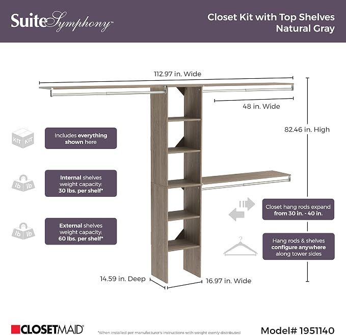 ClosetMaid 1951140 SuiteSymphony 16-Inch Closet Organizer with Shelves, Natural Gray - Image 3