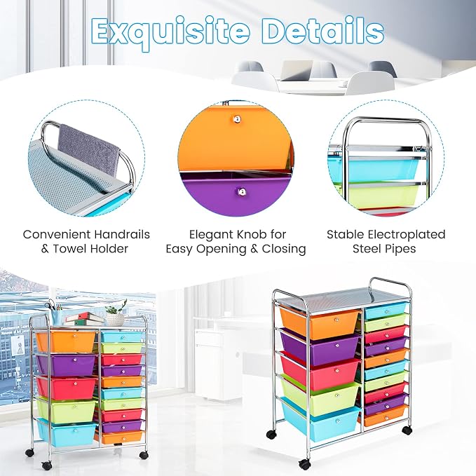 DREAMADE Rolling Cart with 15 Drawers, Rolling Drawer Organizer Cart w/Lockable Wheels, Removable & 2-Sized Storage Drawers, Art Cart for School Home Art Supplies Crafts File Scrapbook (Multi-color) - Image 6