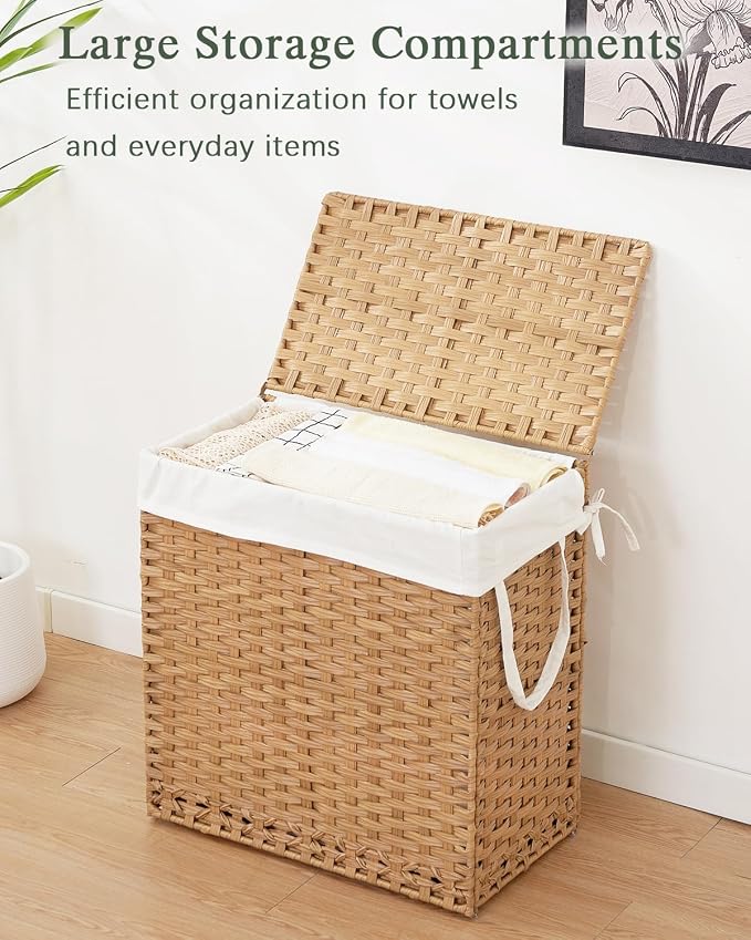 SETVSON Laundry Hamper with Lid Wicker Laundry Basket 112L, Natural | Large Family Clothes Sorter Trunk with Lid, 3 Compartment Washable Liners, 6 Mesh Bags, Collapsible Steel Frame - Image 4