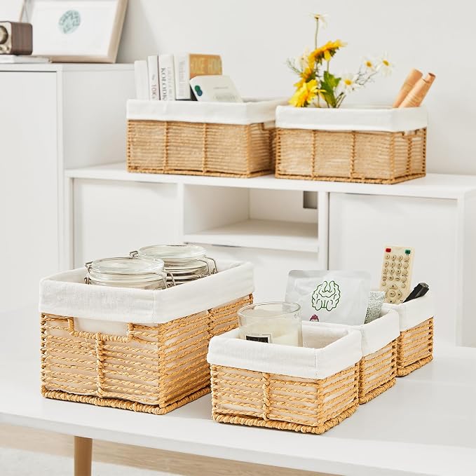 Wicker Storage Basket, 6 Pack Baskets for Organizing, Wicker Baskets with Handle, Rectangular Woven Basket for Storage Shelves, Cube Storage Bins for Closet/Clothes/Dresser, Natural - Image 5