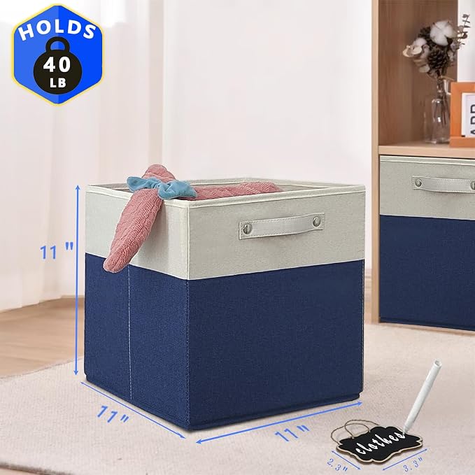 11 x 11 storage cubes,Set of 4 Collapsible Fabric Storage Cubes with Labels,Linen Cube Storage Organizer Bins Kallax Storage Cubes for Organizing Home,Shelves,Nursery Toys,Clothes(White Blue). - Image 4