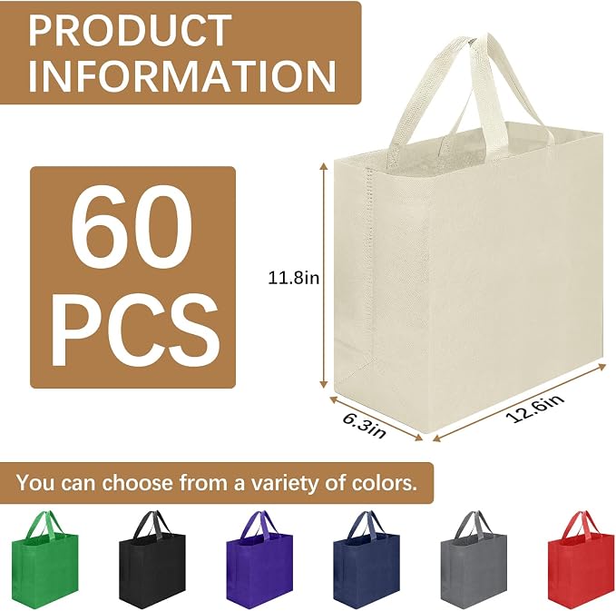 Reusable Grocery Bags 12.6 * 6.3 * 11.8 in - Non Woven Totes Bag with Reinforced Handles, Shopping Bags Bulk - Image 2