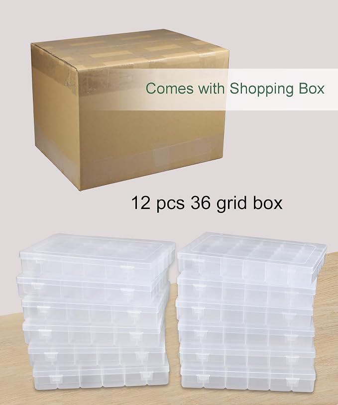12 Pack 36 Grids Bead Organizer Plastic Organizer Box 3600 Tackle Box | Stackable Clear Boxes, Adjustable Dividers, 36 Compartment Storage Container, for Jewelry, Craft and Small Parts - Image 2
