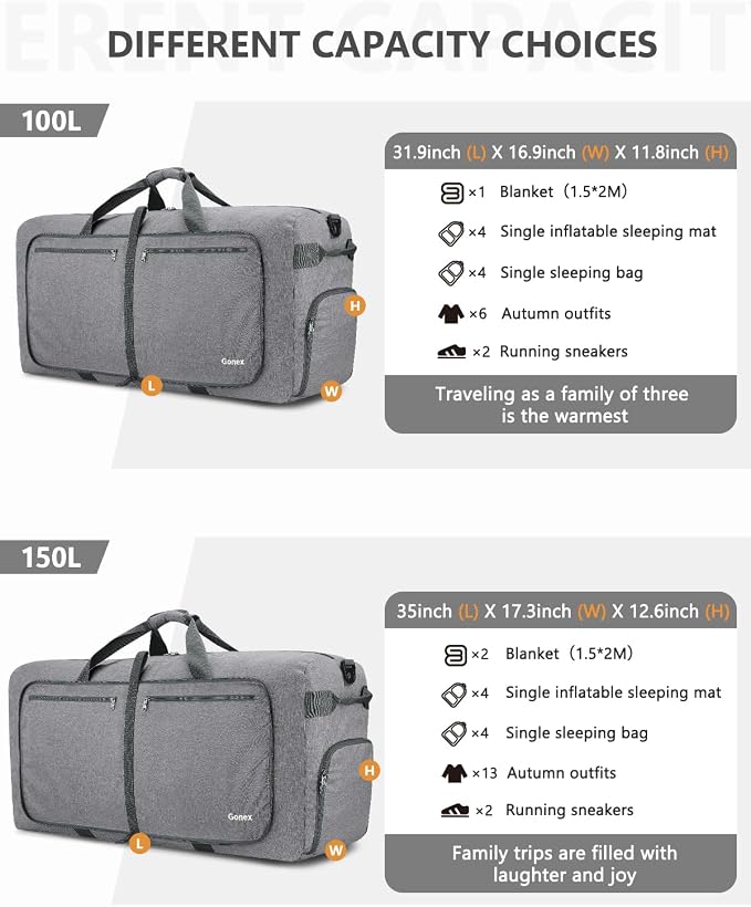 Gonex 80L Foldable Travel Duffle Bag with Shoe Compartment, Lightweight | 210D Nylon, Water-Repellent, Folds Compact, Multiple Pockets, Luggage Sleeve, Weekend Trips & Camping, Light Grey - Image 3