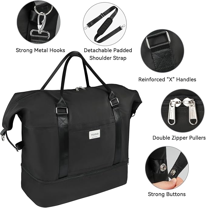 Voova Weekender Duffle Bag Set with Shoe Compartment, 4 Piece, Black | Carry-on travel set includes weekender, shoe bag, toiletry bag and makeup pouch for organized overnight trips - Image 4
