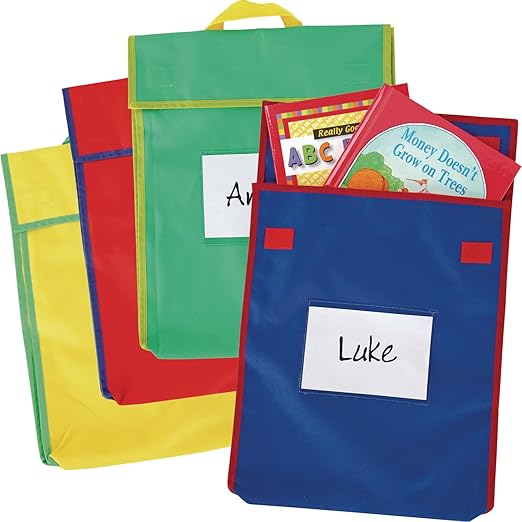 Really Good Stuff-666029 Store More Large Book Pouches – Send Home Books and Homework in Durable Fabric Book Bag – Stitched-On Handle, Clear Name Tag Pocket, Primary Colors, 12”x1”x15” (Set of 4) | Stitched-on Handle, Clear Name Tag Pocket, Durable Fab... by ReallyGoodStuff
