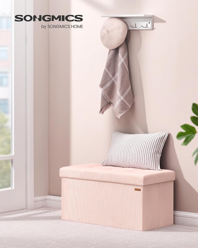 SONGMICS Mazie Collection - Storage Ottoman Bench, Foldable Foot Rest, 15 x 30 x 15 Inches, End of Bed Bench, Storage Chest, Load 660 lb, Living Room, Bedroom, Entryway, Jelly Pink ULSF603R01 - Image 3