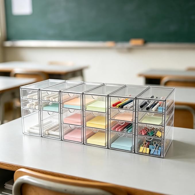 Prsildan Stackable Desk Organizers with 20 Drawers, Craft Storage Drawer | Anti-slip Clear Acrylic Teacher Toolbox, Makeup Vanity Organizer for Nail, Bathroom Kitchen Office Organization, 6 Pack - Image 2