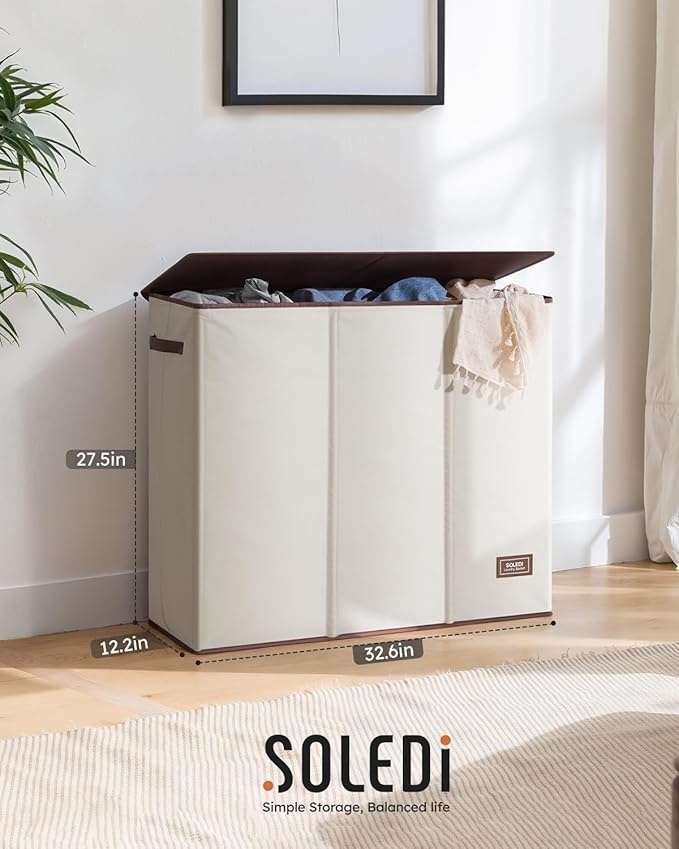 SOLEDI Large Laundry hamper 3 Section with Laundry Bag, XL Clothes Basket | 3-Section Large capacity Laundry Sorter with Odor-Blocking Lid, Robust Iron Frame & Waterproof 600D Fabric, 3 Washable Bags - Image 7