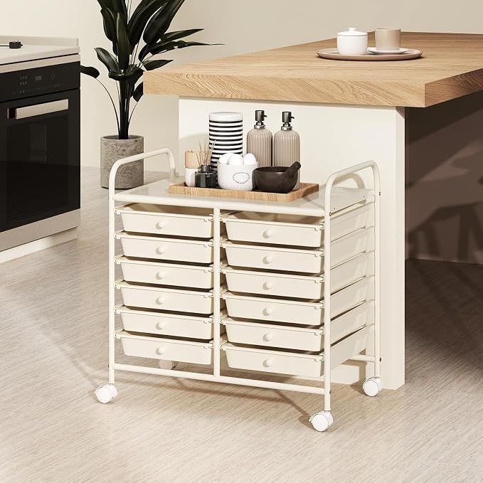 RELAX4LIFE 12-Drawer Rolling Storage Cart - Mobile Utility Cart on Wheels for School Classroom Teacher Office Salon, Paper File Art Supply Craft Organizer, Rolling Cart with Drawers (White) - Image 9