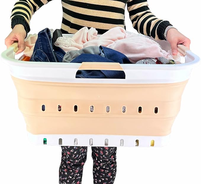 SAMMART 42L (11 gallon) Collapsible Plastic Laundry Basket - Foldable Pop Up Storage Container/Organizer - Portable Washing Tub - Space Saving Hamper/Basket (White/Latte) - Image 6