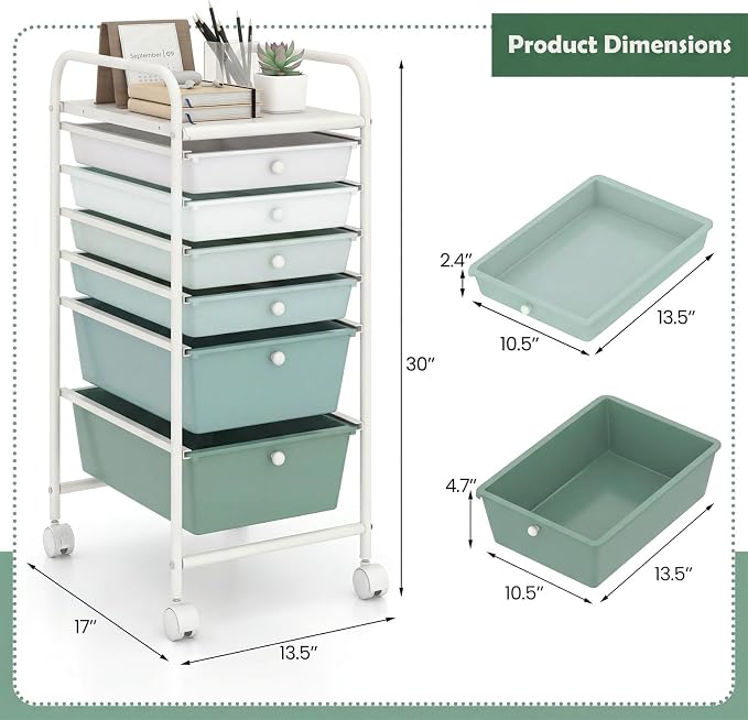 GOFLAME 6-Drawer Rolling Storage Cart, Multifunctional Art Craft Organizer Cart, Mobile Utility Storage Cart with Removable Drawers & Lockable Wheels, Craft Cart for Home Office, Green Gradient - Image 3