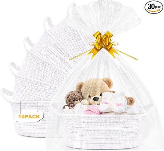 10 Pack Empty Gift Baskets, 12x8x5 Small White Woven Cotton Rope Baskets with Gift Bags & Ribbons, Decorative Baby Shower Hamper, Nursery Storage Basket with Handles for Shelves by Mkway