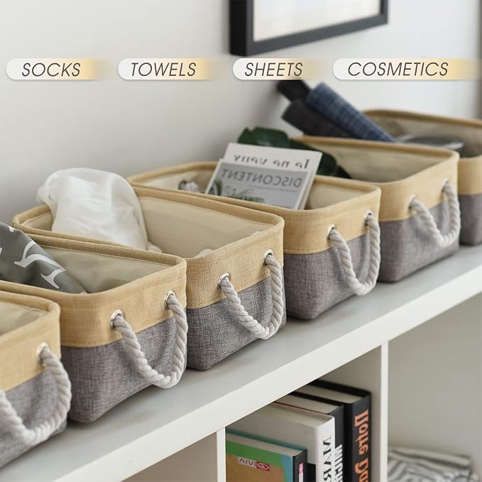 TcaFmac Organization and Storage Bins for Shelves - Small 6 Pack 12x8x5.2 inch Collapsible Storage Basket for Organizing, Fabric Storage Cubes for Gifts Empty for Toy Books (Gold & Grey) - Image 3