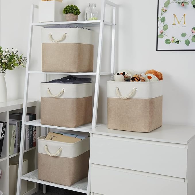 Temary 4 Pack Cube Storage Bins Cloth Baskets for Shelf, Fabric Storage Cubes 12 x 12 Baskets Gift Empty Basket with Handles, Basket for Storage (White&Khaki) - Image 5