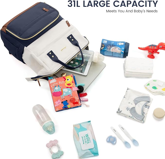 LOVEVOOK Diaper Bag Backpack, Baby Bag with Changing Station, Large Diaper Backpack for Mom Dads, Waterproof Leather Mommy Bag for Boy and Girl, Travel Essential Baby Shower, Navy Blue-Beige - Image 8