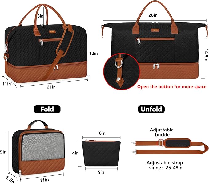 ITIEZY Weekender Bag for Women 21.5" Travel Duffel Large Carry On Bag 3PCS | Nylon Duffel Bag with Waterproof Shoe Compartment, Crossbody Bag and Toiletry Bag, Travel Weekend Hospital Overnight Gym Bag - Image 6