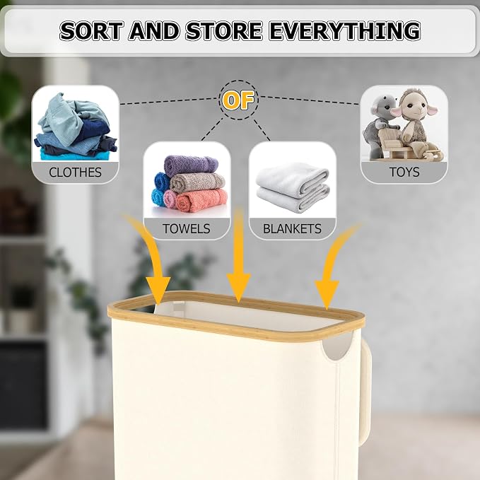 Slim Laundry Hamper with Lid, 60L Laundry Basket with Handles, Skinny Narrow Collapsible Dirty Clothes Hamper with Removable Laundry Bag for Bathroom Bedroom Dorm Clothes Toys Towels (Beige, 2 Pack) - Image 4