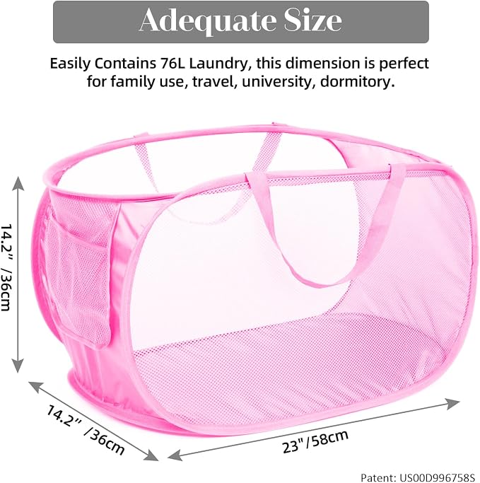 Durable Collapsible Laundry Baskets, Mesh Pop Up Laundry Hamper with Side Pocket, Foldable Clothes Storage Hamper with Reinforced Carry Handles for Laundry, Bathroom, Kids Room, Dorm or Travel Pink - Image 3