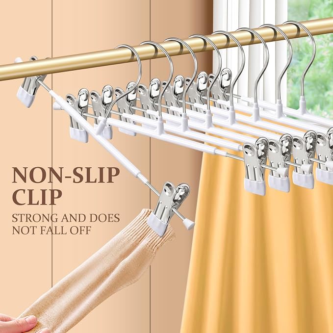 14 Inch Heavy Duty Pants Skirt Hangers with Clips, White, 10 Pack | Metal,Space Saving,Adjustable,Hanger for Jeans Shorts Clothes Slacks Trousers,For Adult,Men,Women,Children,Non Slip - Image 3