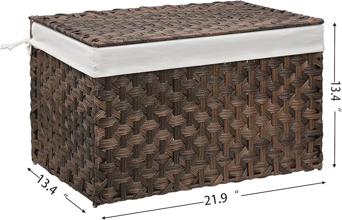Wicker Storage Basket with Lid, 17.2 Gallon (65L) Small Blanket Basket with Lid, Woven Storage Bin with Handles, Removable Liner, Metal Frame, Foldable, for Bedroom, Laundry Room, Brown - Image 3