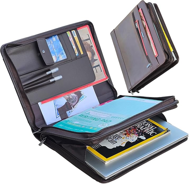 14" Laptop Briefcase, Vegan Leather Portfolio with Zipper Compartments x 2, A4 Papers Holder Padfolio Organizer by Unknown