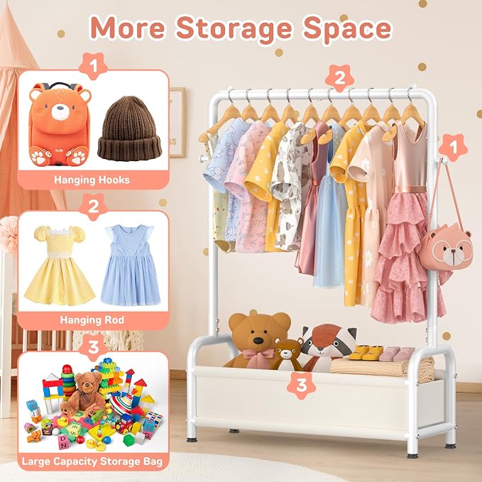 Kids Clothing Rack with Storage Shelf, Kids Dress Up Storage | for Coats, Small Baby Garment Rack for Hanging Clothes, Toddler Wardrobe Closet Organizer (Classic, White) - Image 4
