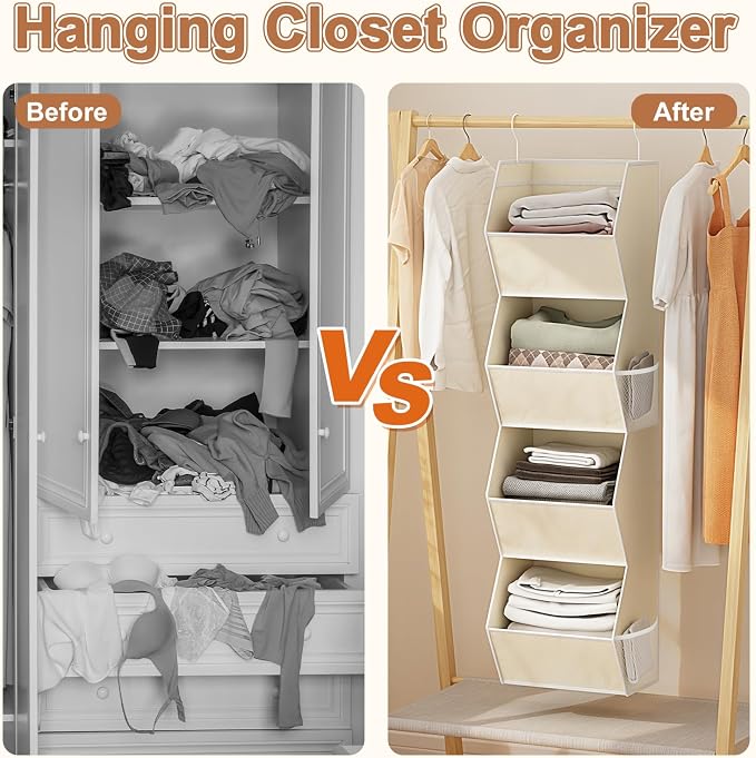 Hanging Closet Organizer 4 Shelf Collapsible Fabric Closet Organizers and Storage Hanging with Mesh Pocket for Clothes, Hanging Wardrobe Organizers and Storage for Sweater T-Shirt Shoes Toys, Beige - Image 5