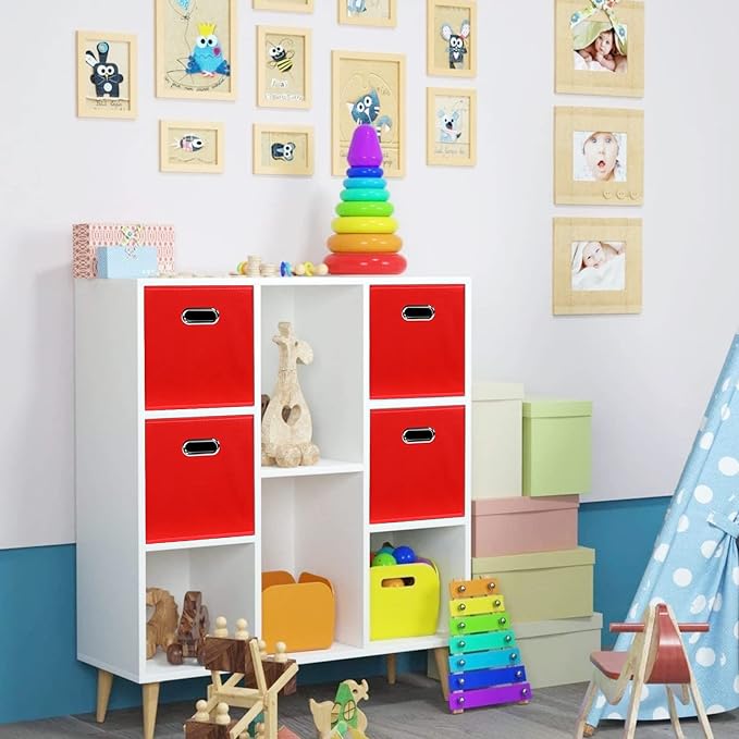 STOREONE Fabric Storage Bins Cubes Baskets Containers-(11X11X11) with Dual Handles for Shelf Closet, Nursery Home ， Bedroom Organizers, Foldable Set of 6 (Red) - Image 4