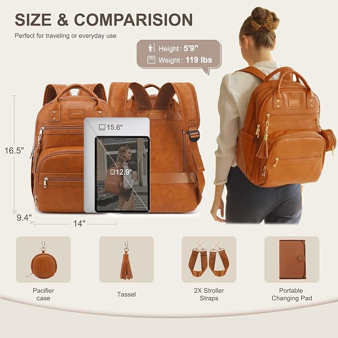 ROSEGIN Premium Vegan Leather Diaper Bag Backpack with Waterproof Changing Pad, Reinforced Zippers & Odor-Free, 20 Pockets Pro Organizer, Fits 15.6" Laptop, Stroller Straps, Baby Bag for Mom, Brown - Image 7
