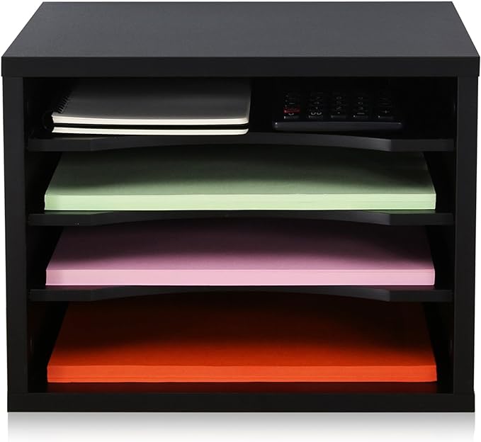 FITUEYES Wood Desk Paper Organizer for Home Office, Black | 4 Tiers Storage, Adjustable Shelves, Desktop File Holder, Document Letter Sorter Tray, Wooden Mail Rack by FITUEYES