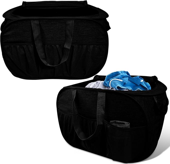2 Pack Collapsible Laundry Baskets with Lid, Foldable Laundry Basket with Handy Pockets, Pop Up Laundry Hamper with Dual Handles, 99L Sturdy Hampers for Clothes, Groceries, Supplies, Tools, Black by Bemkoo