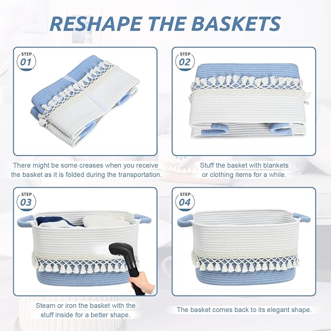 2 Pack Storage Basket, Heavy Tassel Woven Baskets for Storage, Boho Cotton Rope Storage Bin, Cube Organizer Bins, Baby Laundry Basket for Clothes, Toys, Diapers, Pets（White & Blue） - Image 8