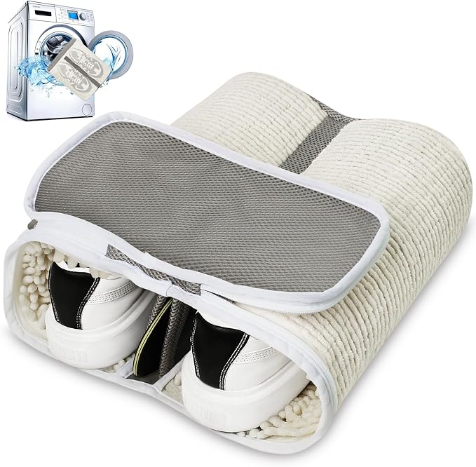 Shoe Washing Machine Bag for Sneaker Cleaning Laundry Shoe Bag, Beige | Dual Compartment, Full Protection, Clasp-Lock Zipper, Dense Chenille, Bound Edge & Seams by TadpoleJump