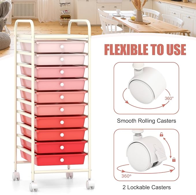 GOFLAME 10-Drawer Rolling Storage Drawer Cart, Utility Cart with Removable Drawers & Metal Frame, Mobile Art Craft Drawer Cart with Lockable Wheels for Home, Office, Studio, School, Pink - Image 5